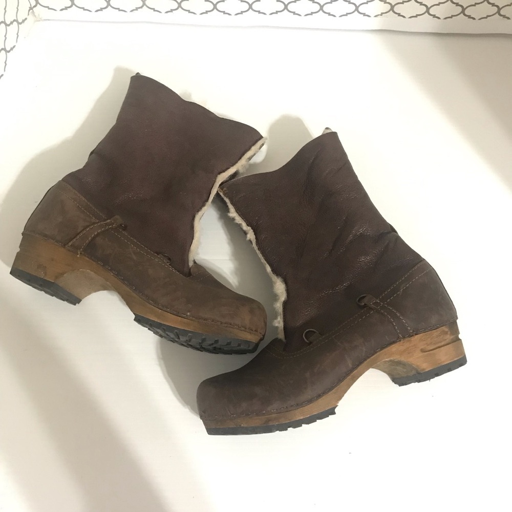 Sanita Women’s Brown Leather Mid-Calf Clog Boots Size 37